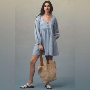 ANTHROPOLOGIE Long-Sleeve Square-Neck Denim Babydoll Mini Dress Size Small